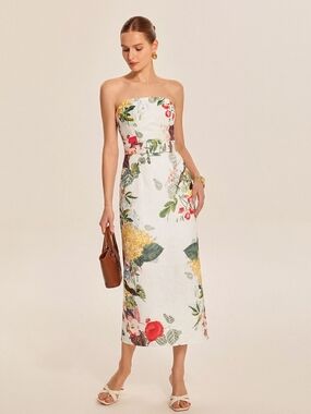 Commense Strapless White Floral Midi Dress with Multicolor Botanicals